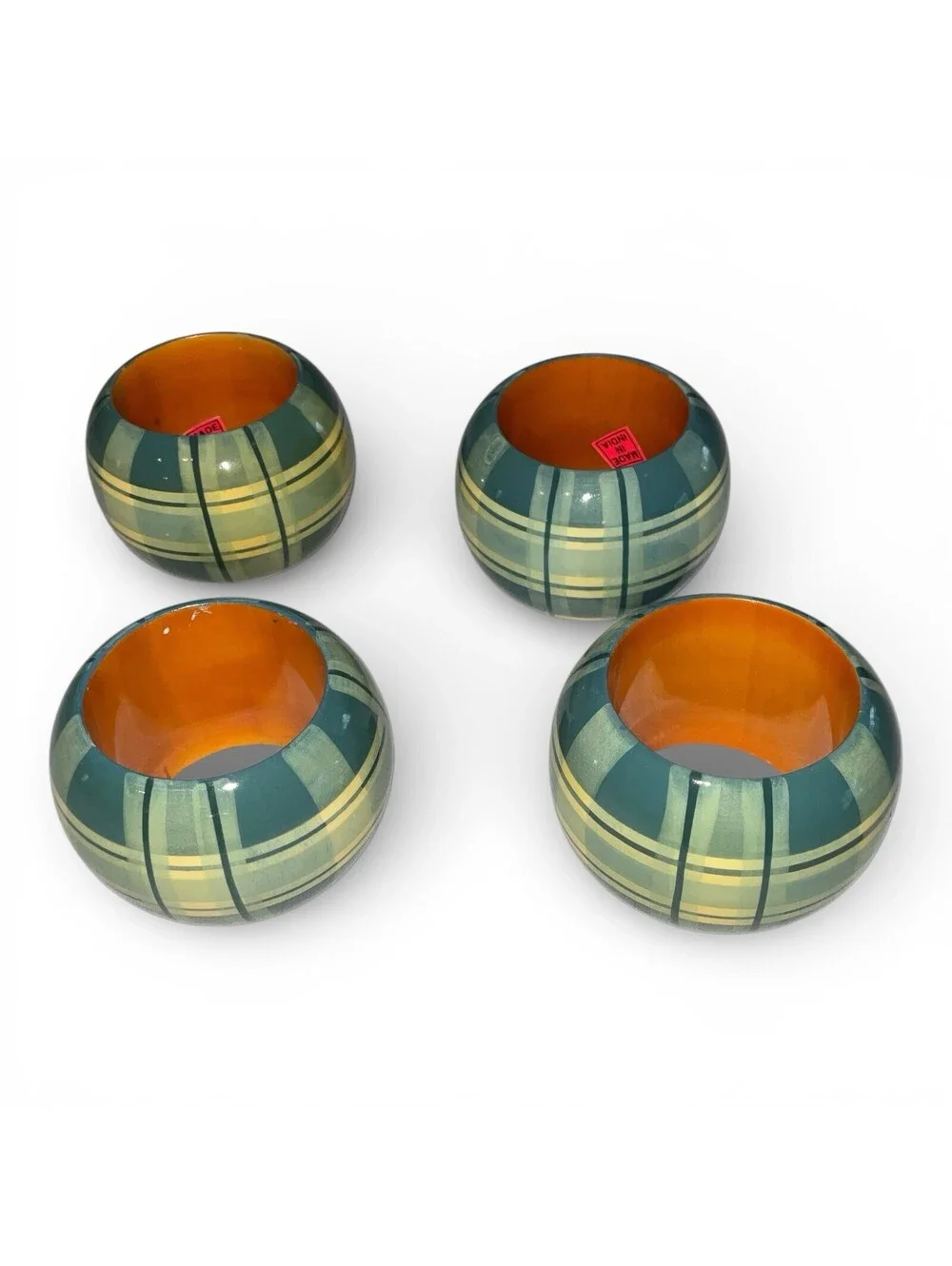 Set of 4 Solid Wood Plaid Napkin Rings Green Yellow Easter Spring Table Decor